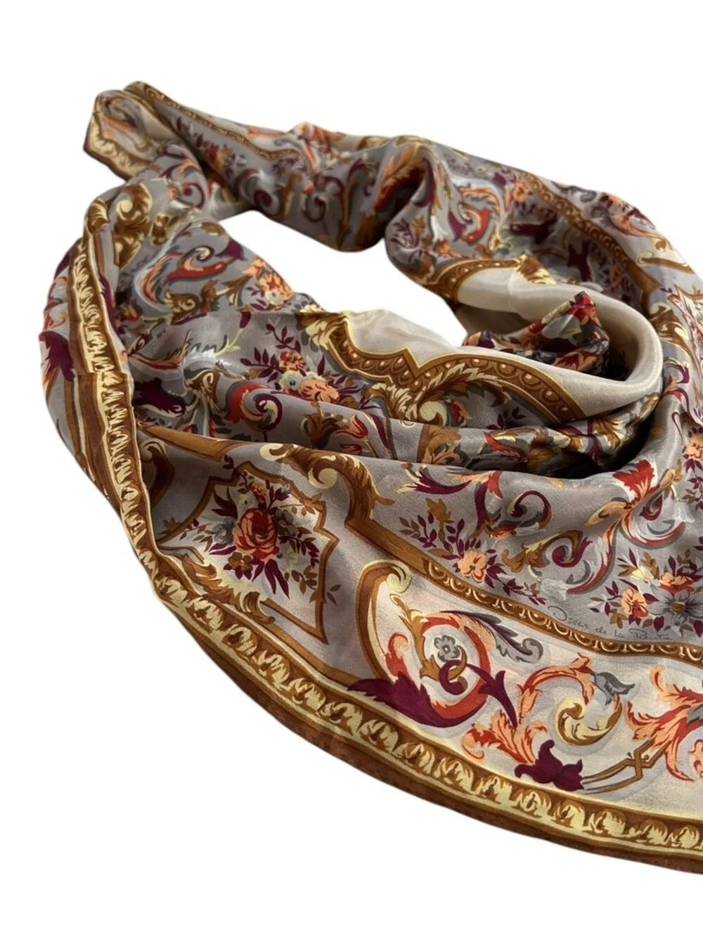 Oscar de la Renta gold burgundy floral Silk vintage Spring hand sewn scarf 31 sq